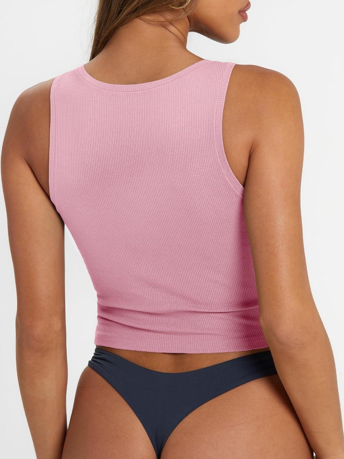 imageTrendy Queen Womens Summer Square Neck Tank Tops Workout Cropped Ribbed Summer Camisole Sleeveless Clothes 2025Babypink