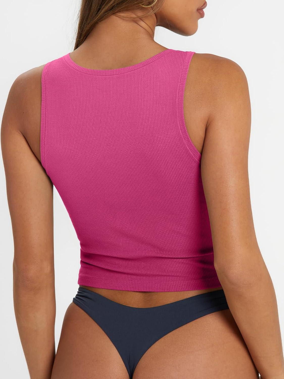 imageTrendy Queen Womens Summer Square Neck Tank Tops Workout Cropped Ribbed Summer Camisole Sleeveless Clothes 2025Hot Pink