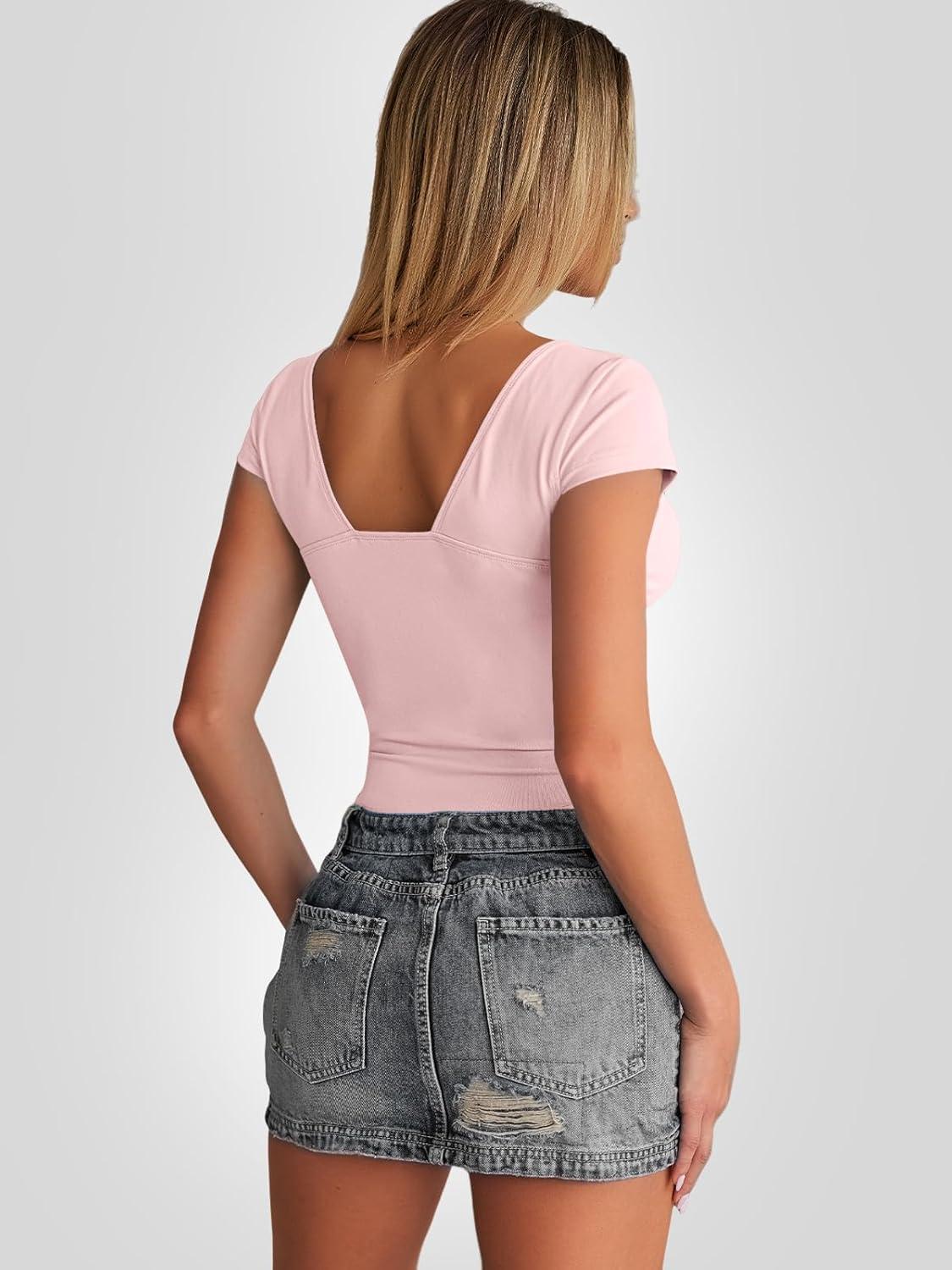 imageTrendy Queen Womens Summer VNeck Backless Cute Tops Short Sleeve Sexy Slim Fit TShirts Y2K Clothes Corset Cami 2025Baby Pink