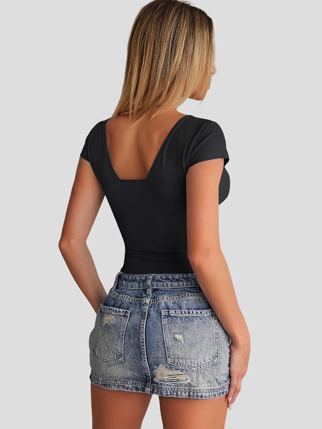 imageTrendy Queen Womens Summer VNeck Backless Cute Tops Short Sleeve Sexy Slim Fit TShirts Y2K Clothes Corset Cami 2025Black
