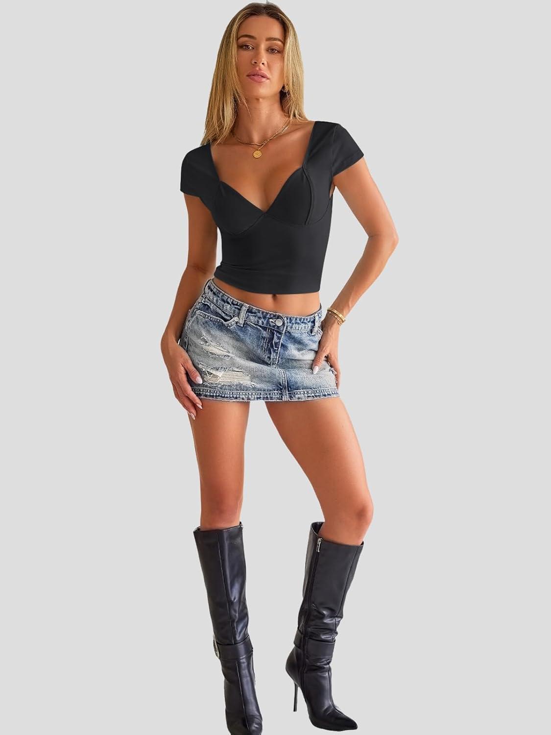 imageTrendy Queen Womens Summer VNeck Backless Cute Tops Short Sleeve Sexy Slim Fit TShirts Y2K Clothes Corset Cami 2025Black