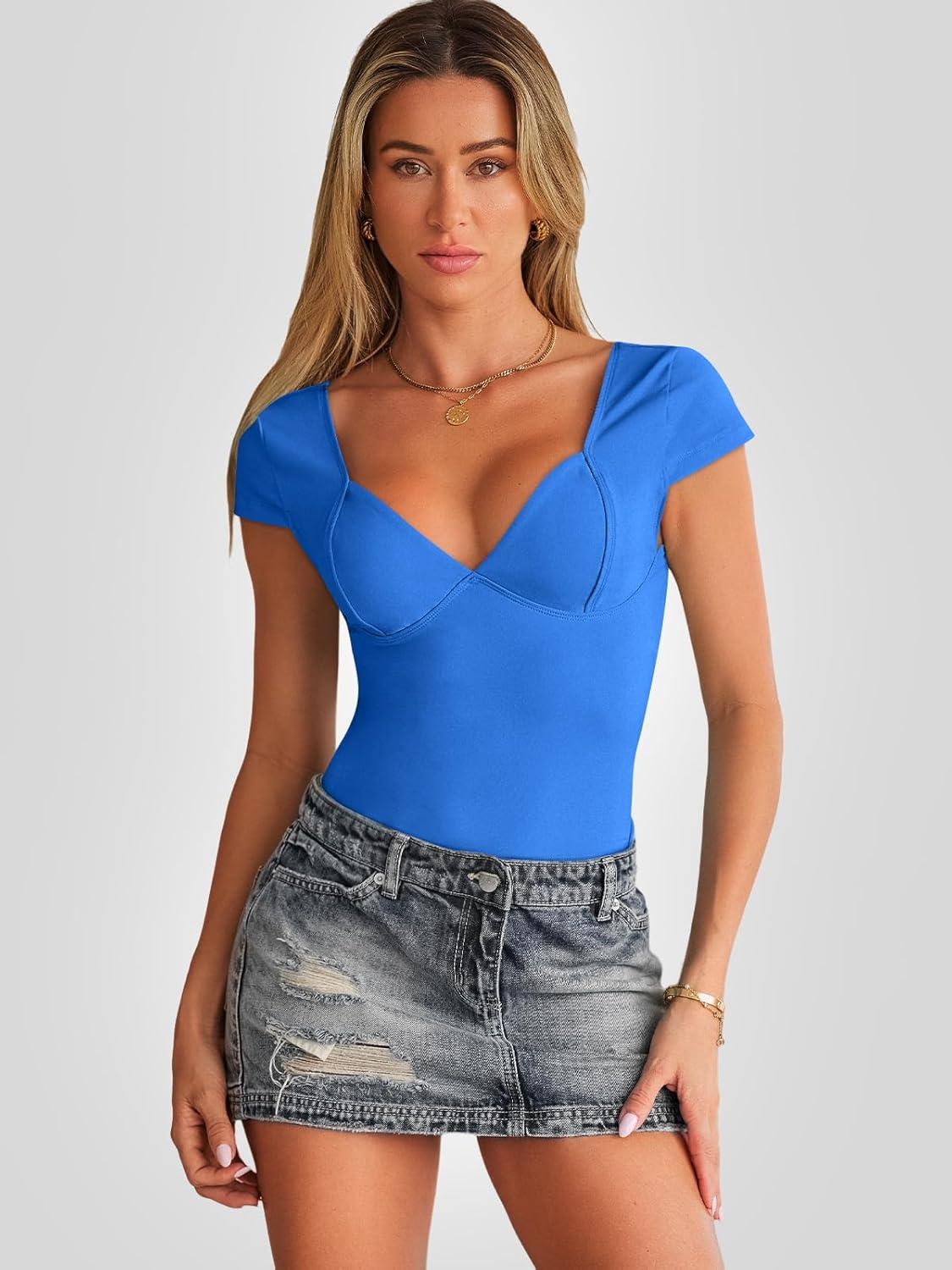 imageTrendy Queen Womens Summer VNeck Backless Cute Tops Short Sleeve Sexy Slim Fit TShirts Y2K Clothes Corset Cami 2025Blue