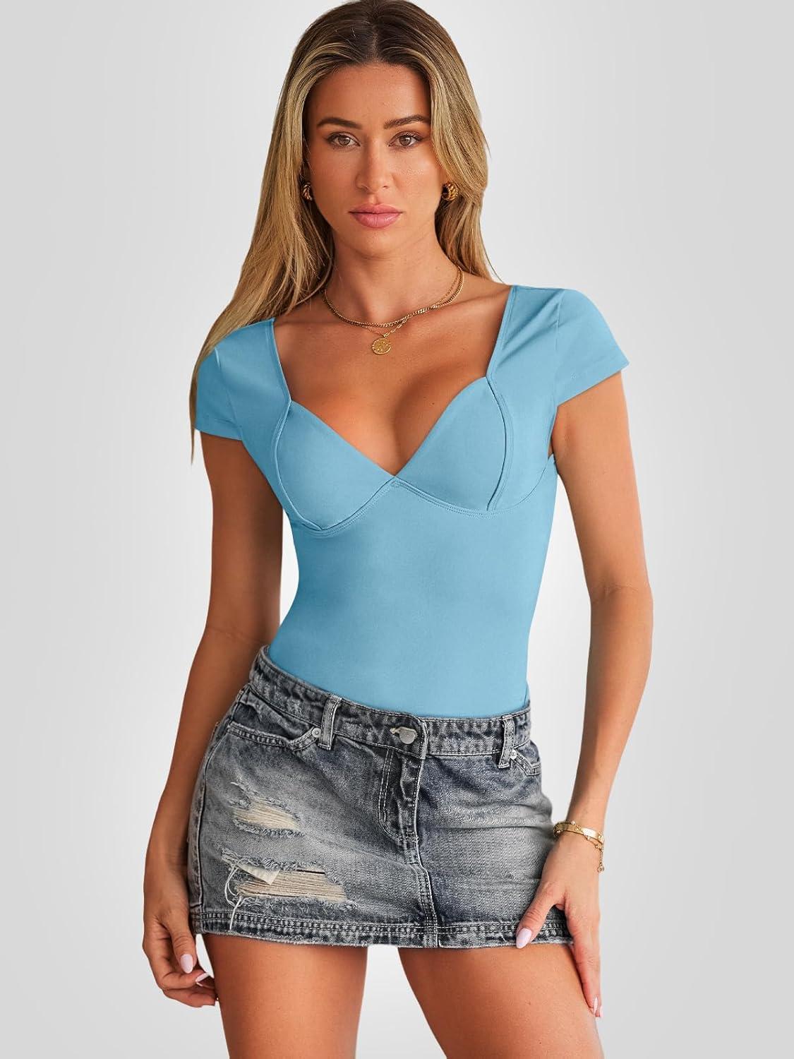 imageTrendy Queen Womens Summer VNeck Backless Cute Tops Short Sleeve Sexy Slim Fit TShirts Y2K Clothes Corset Cami 2025Light Blue