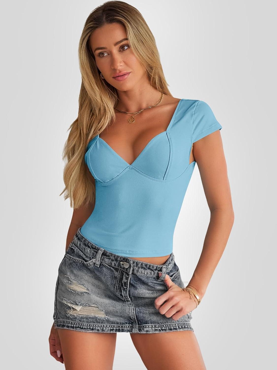 imageTrendy Queen Womens Summer VNeck Backless Cute Tops Short Sleeve Sexy Slim Fit TShirts Y2K Clothes Corset Cami 2025Light Blue