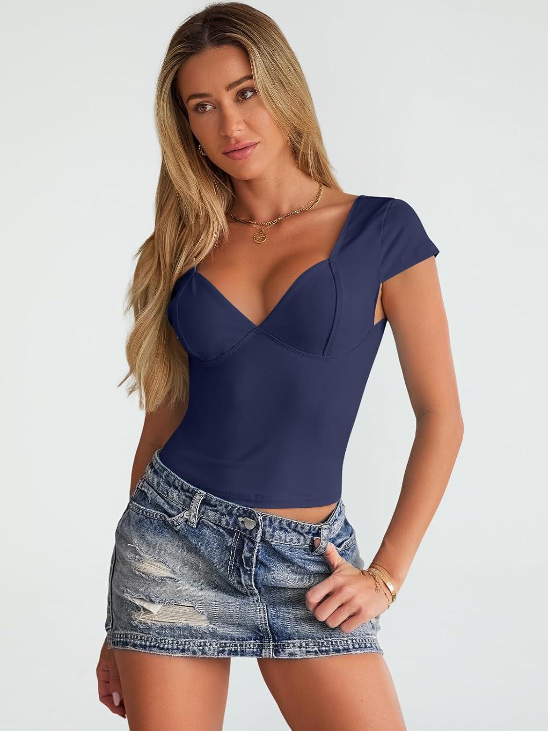 imageTrendy Queen Womens Summer VNeck Backless Cute Tops Short Sleeve Sexy Slim Fit TShirts Y2K Clothes Corset Cami 2025Navy
