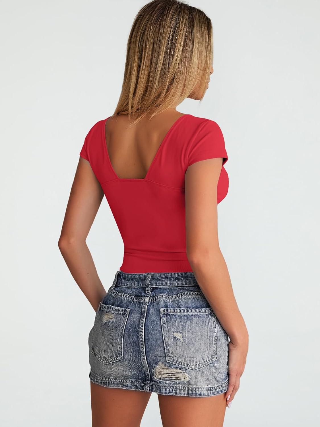 imageTrendy Queen Womens Summer VNeck Backless Cute Tops Short Sleeve Sexy Slim Fit TShirts Y2K Clothes Corset Cami 2025Red