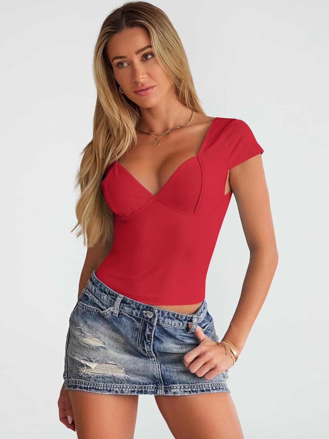 imageTrendy Queen Womens Summer VNeck Backless Cute Tops Short Sleeve Sexy Slim Fit TShirts Y2K Clothes Corset Cami 2025Red