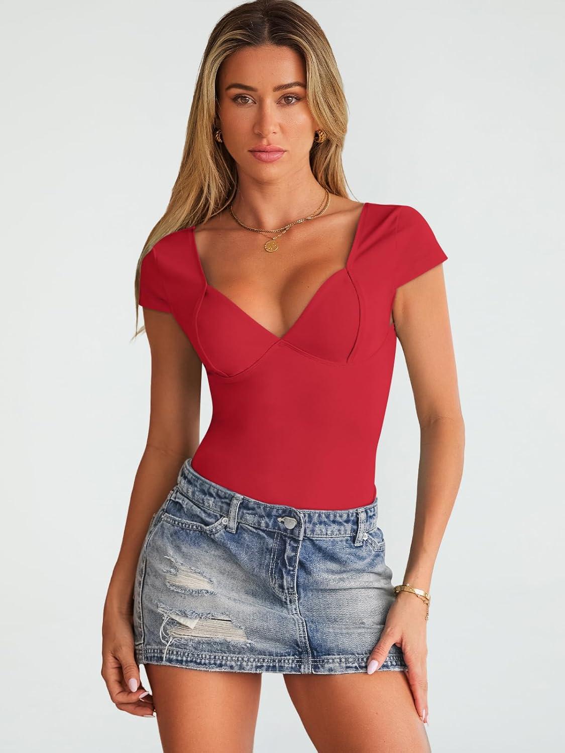 imageTrendy Queen Womens Summer VNeck Backless Cute Tops Short Sleeve Sexy Slim Fit TShirts Y2K Clothes Corset Cami 2025Red