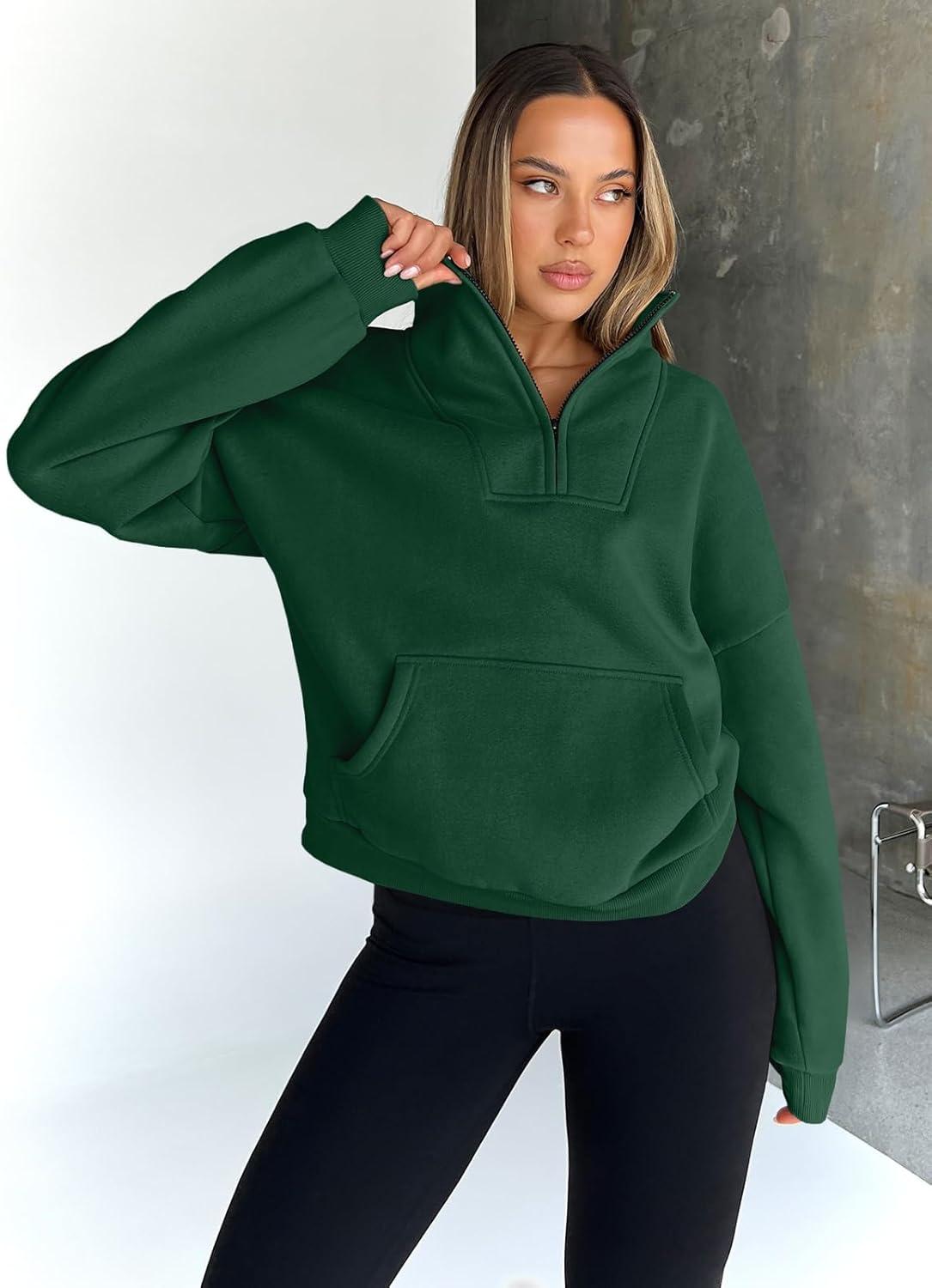imageTrendy Queen Womens Sweatshirts Quarter Half Zip Pullover Oversized Hoodies Fall Fashion 2025 Winter Fleece Jackets SweatersDarkgreen