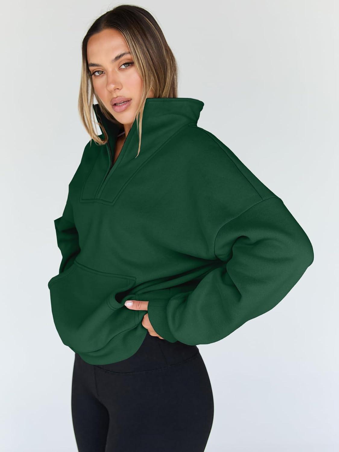 imageTrendy Queen Womens Sweatshirts Quarter Half Zip Pullover Oversized Hoodies Fall Fashion 2025 Winter Fleece Jackets SweatersDarkgreen