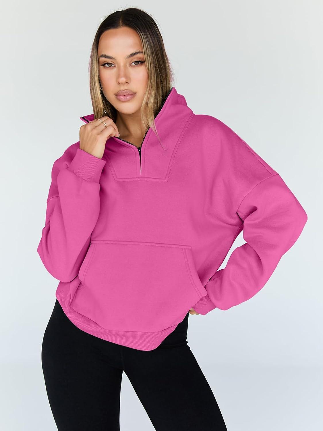 imageTrendy Queen Womens Sweatshirts Quarter Half Zip Pullover Oversized Hoodies Fall Fashion 2025 Winter Fleece Jackets SweatersHotpink