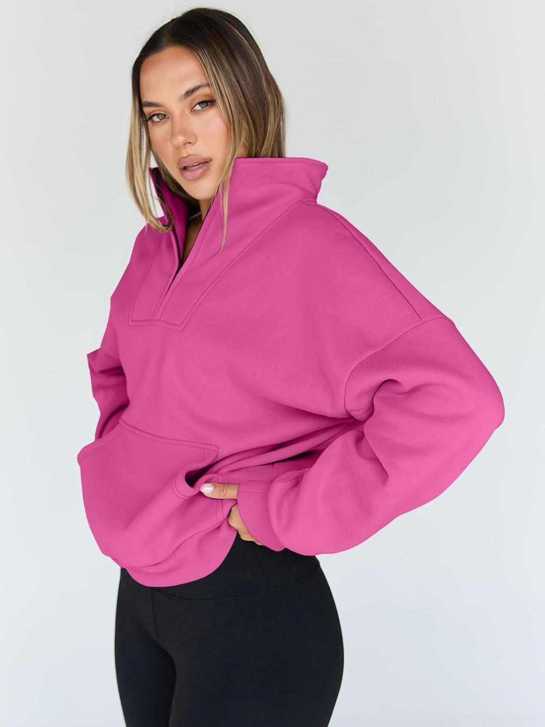 imageTrendy Queen Womens Sweatshirts Quarter Half Zip Pullover Oversized Hoodies Fall Fashion 2025 Winter Fleece Jackets SweatersHotpink