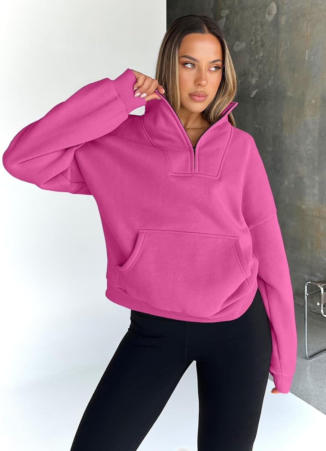 imageTrendy Queen Womens Sweatshirts Quarter Half Zip Pullover Oversized Hoodies Fall Fashion 2025 Winter Fleece Jackets SweatersHotpink