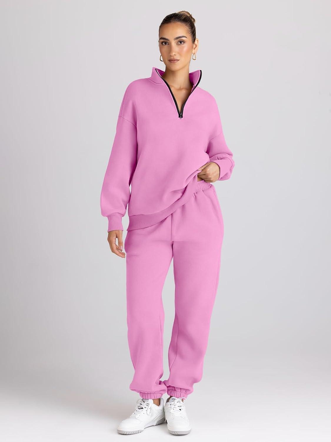 imageTrendy Queen Womens Sweatsuits 2 Piece Outfits Fall Lounge Sweat Sets Half Zip Sweatshirts with Baggy SweatpantsPink