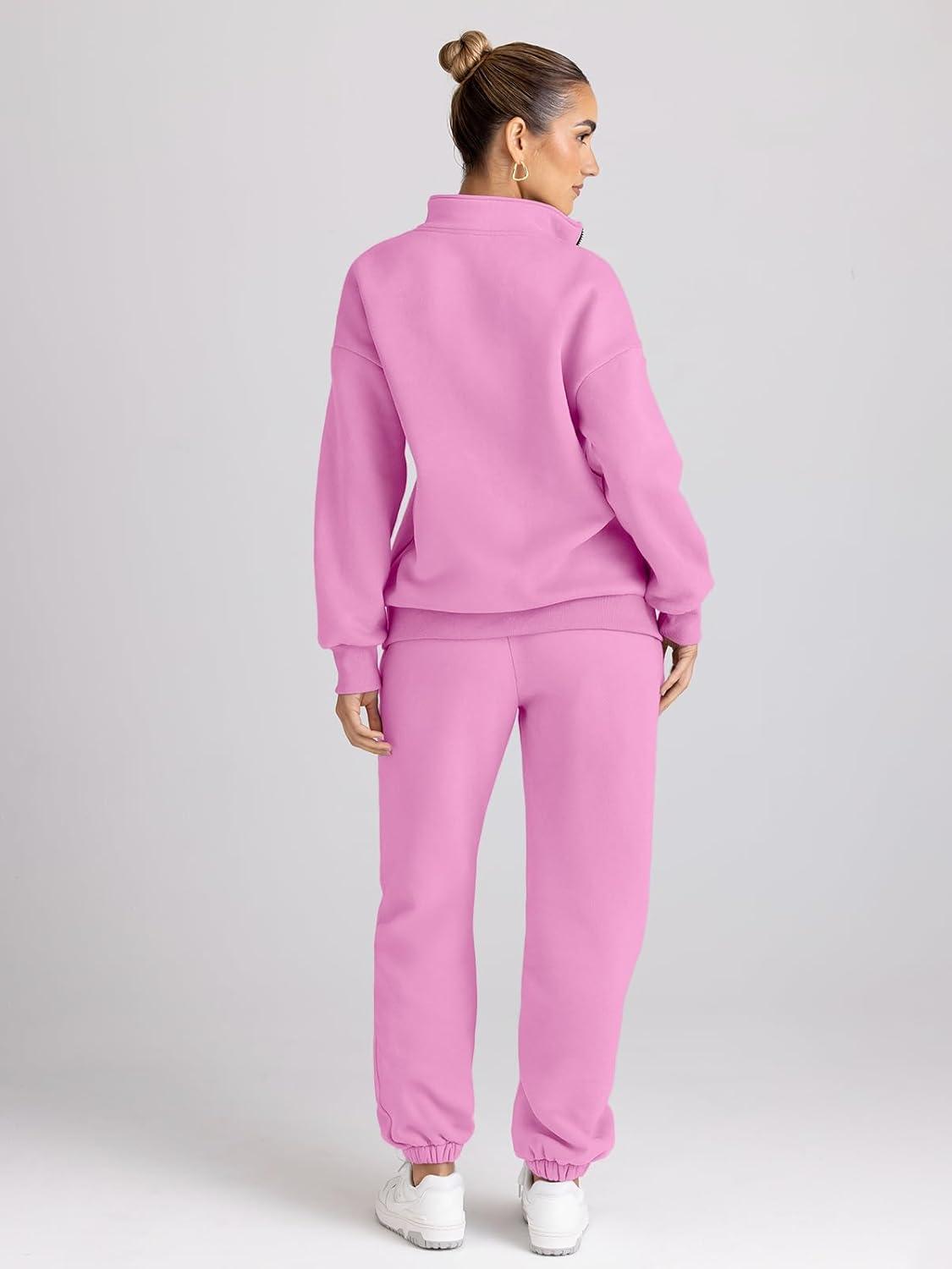 imageTrendy Queen Womens Sweatsuits 2 Piece Outfits Fall Lounge Sweat Sets Half Zip Sweatshirts with Baggy SweatpantsPink