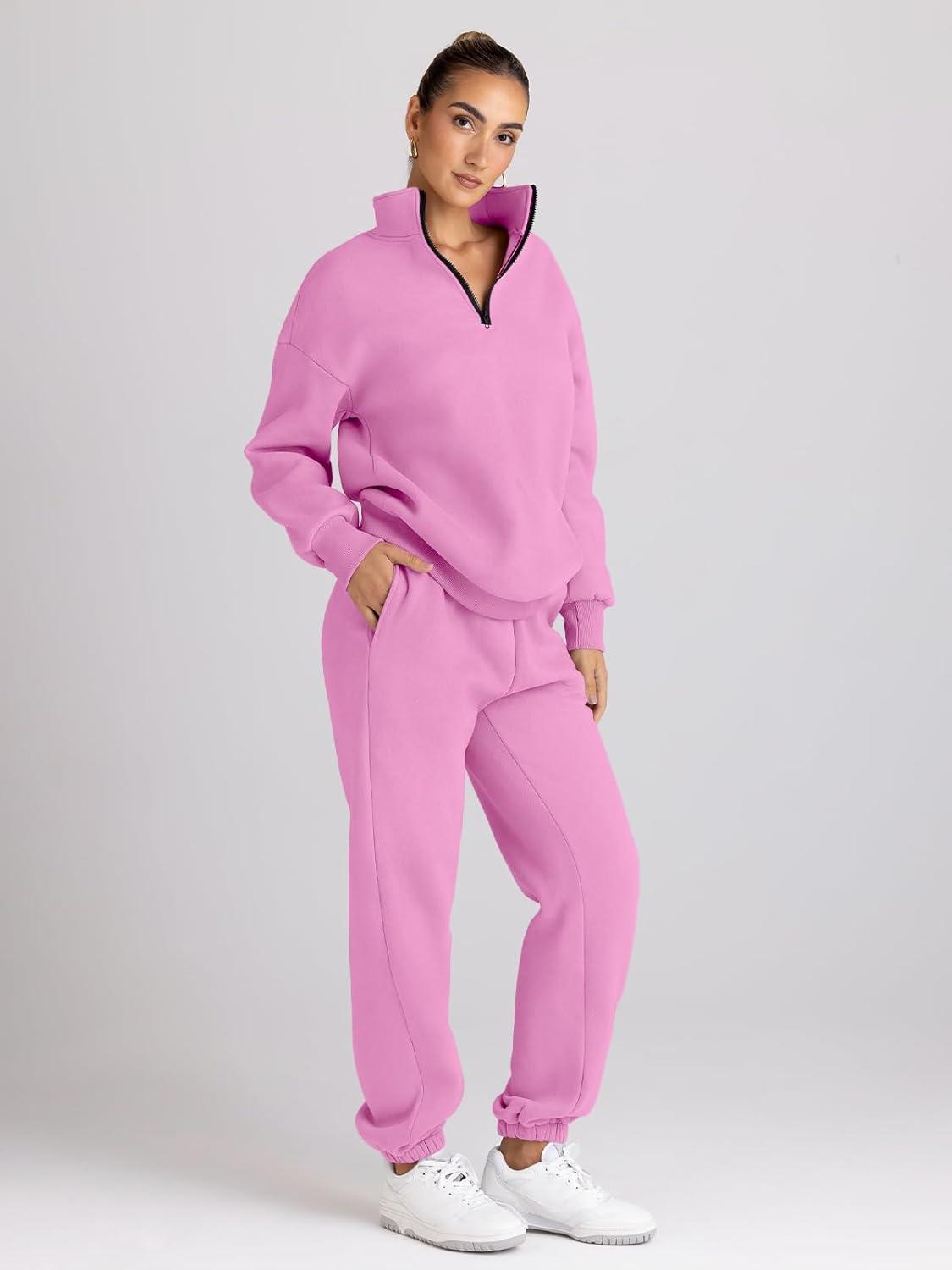 imageTrendy Queen Womens Sweatsuits 2 Piece Outfits Fall Lounge Sweat Sets Half Zip Sweatshirts with Baggy SweatpantsPink