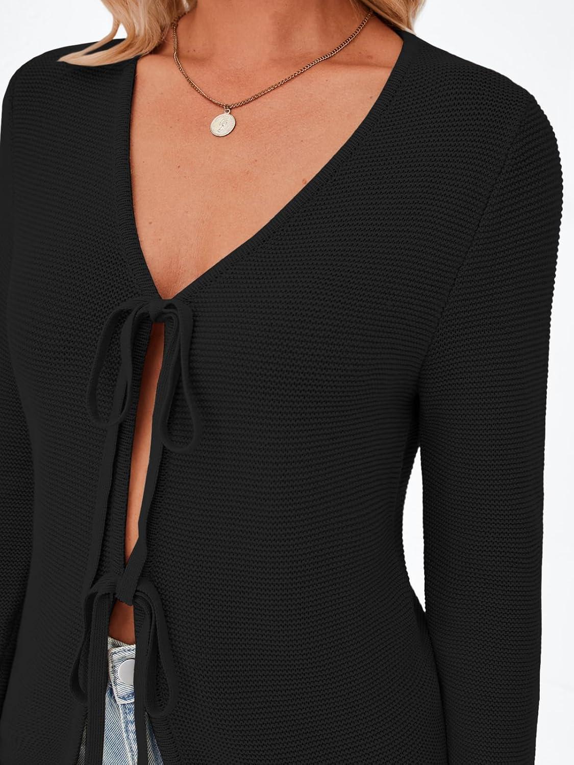 imageTrendy Queen Womens Tie Front Tops Fall Cardigan Sweaters 2025 Fashion Crochet Crop Winter Clothes Cute Y2K Casual OutfitsBlack