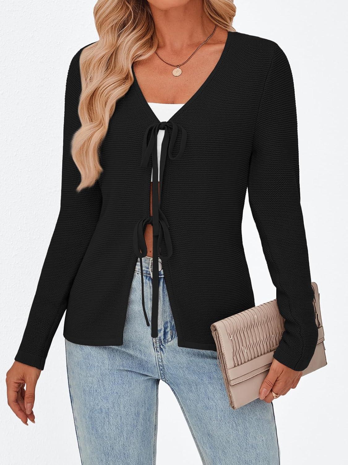 imageTrendy Queen Womens Tie Front Tops Fall Cardigan Sweaters 2025 Fashion Crochet Crop Winter Clothes Cute Y2K Casual OutfitsBlack