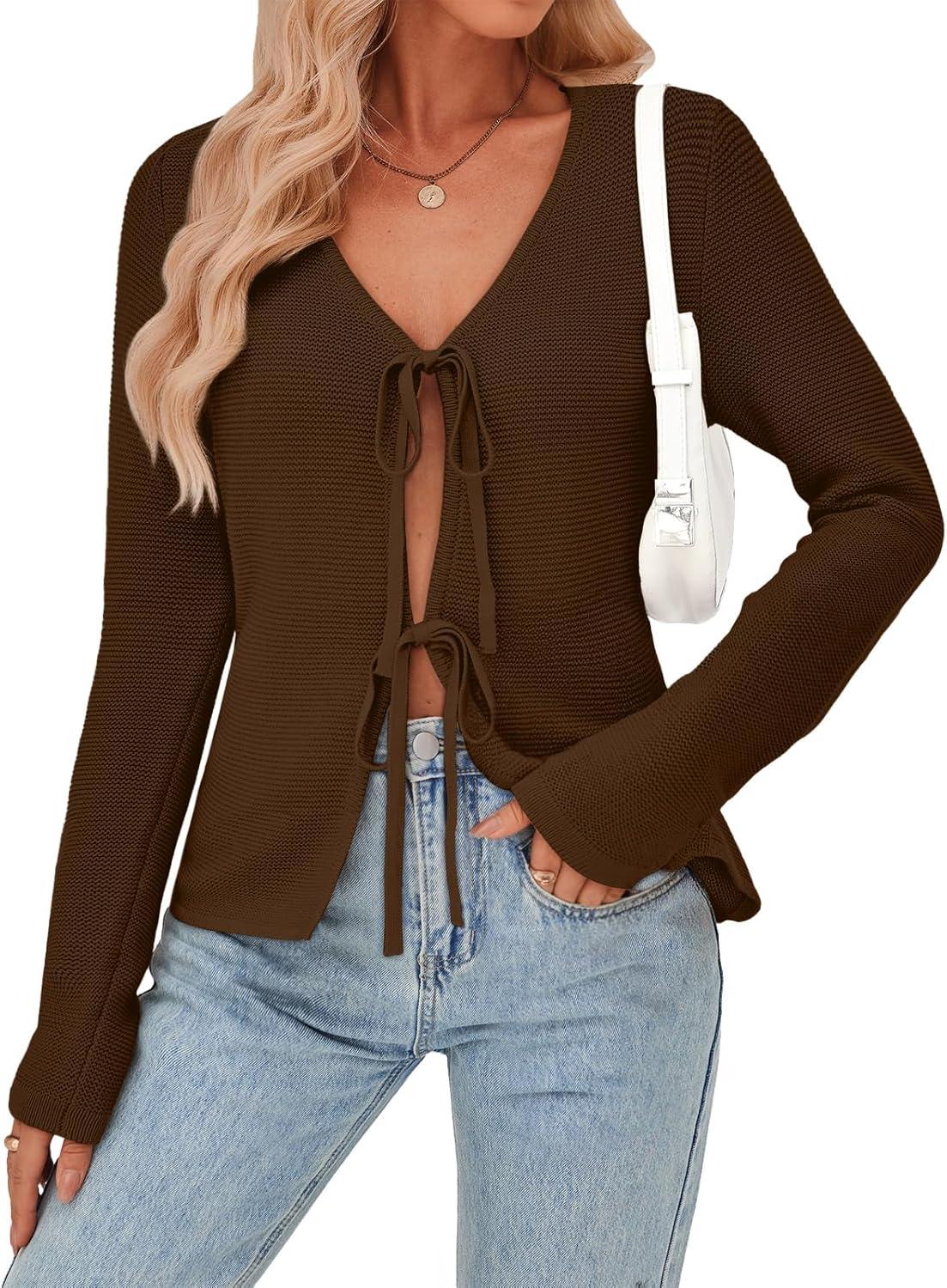 imageTrendy Queen Womens Tie Front Tops Fall Cardigan Sweaters 2025 Fashion Crochet Crop Winter Clothes Cute Y2K Casual OutfitsChocolate