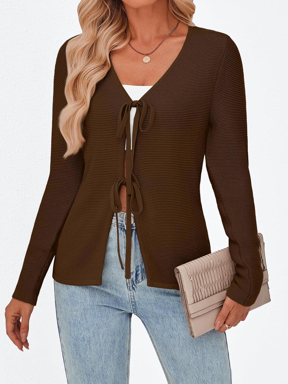 imageTrendy Queen Womens Tie Front Tops Fall Cardigan Sweaters 2025 Fashion Crochet Crop Winter Clothes Cute Y2K Casual OutfitsChocolate