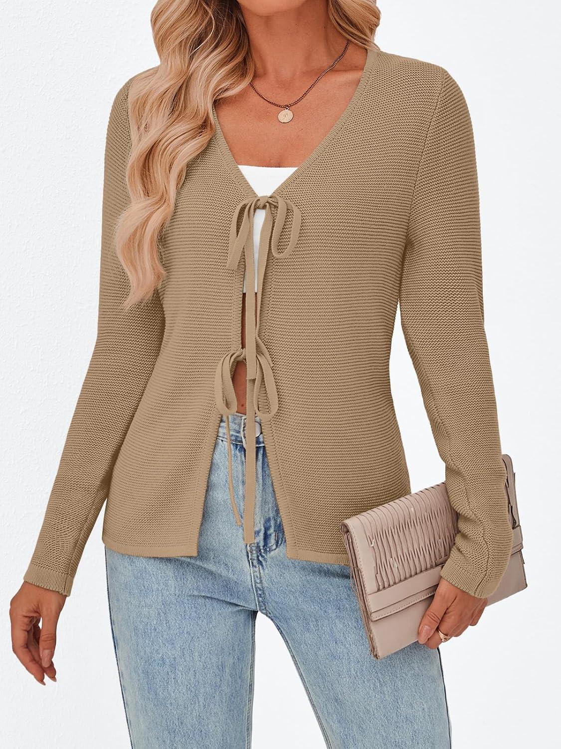 imageTrendy Queen Womens Tie Front Tops Fall Cardigan Sweaters 2025 Fashion Crochet Crop Winter Clothes Cute Y2K Casual OutfitsCoffeegrey