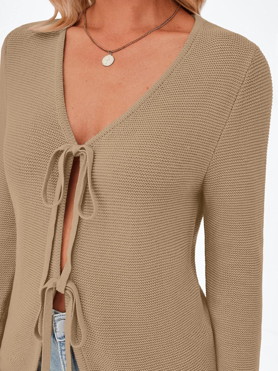 imageTrendy Queen Womens Tie Front Tops Fall Cardigan Sweaters 2025 Fashion Crochet Crop Winter Clothes Cute Y2K Casual OutfitsCoffeegrey