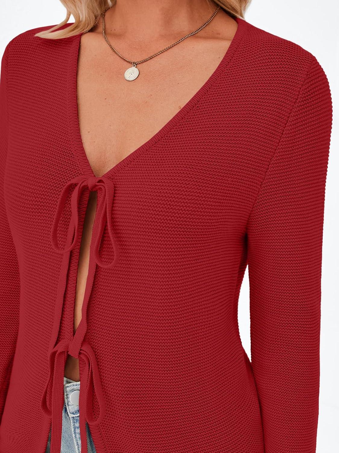 imageTrendy Queen Womens Tie Front Tops Fall Cardigan Sweaters 2025 Fashion Crochet Crop Winter Clothes Cute Y2K Casual OutfitsRed