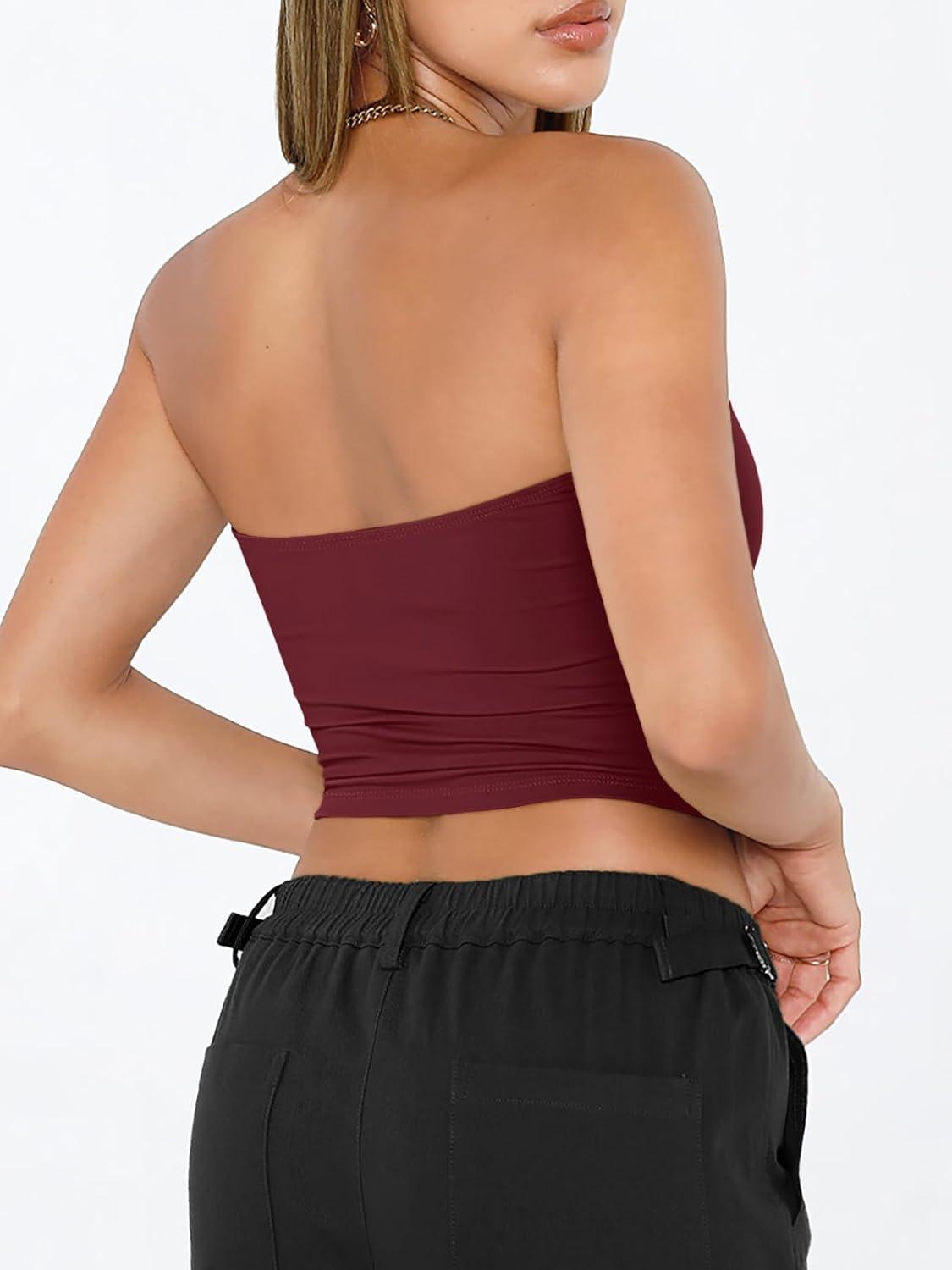 imageTrendy Queen Womens Tube Tops Strapless Crop Tops Basic Backless Sleeveless Bandeau Going Out Cute 2025 Summer OutfitsBurgundy