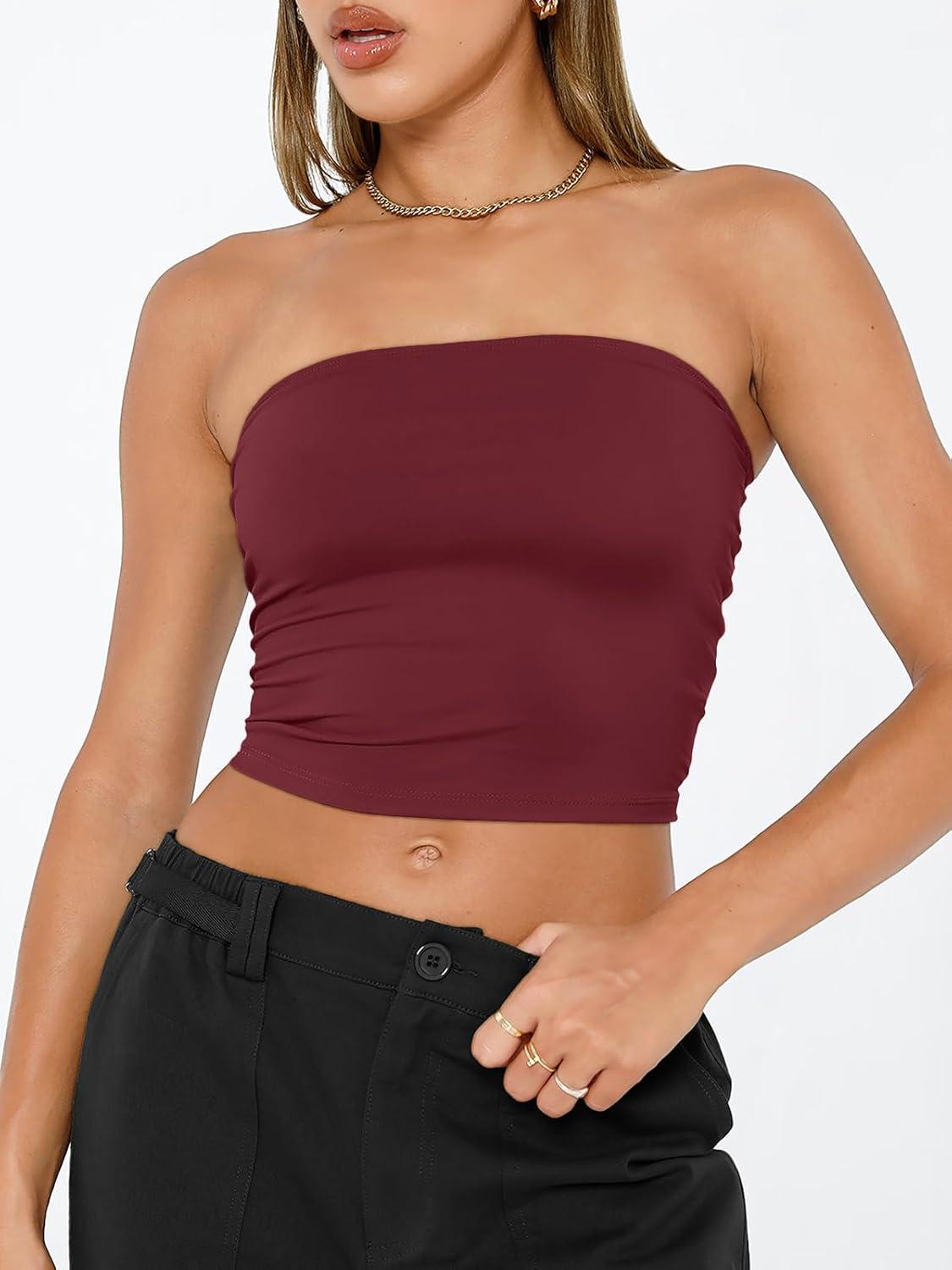 imageTrendy Queen Womens Tube Tops Strapless Crop Tops Basic Backless Sleeveless Bandeau Going Out Cute 2025 Summer OutfitsBurgundy