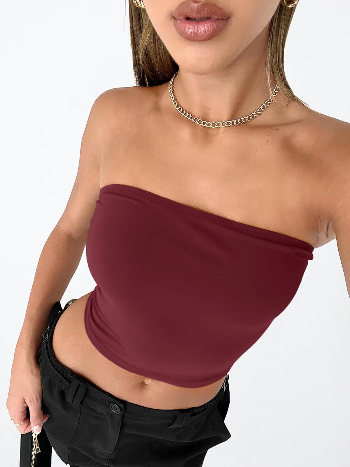 imageTrendy Queen Womens Tube Tops Strapless Crop Tops Basic Backless Sleeveless Bandeau Going Out Cute 2025 Summer OutfitsBurgundy