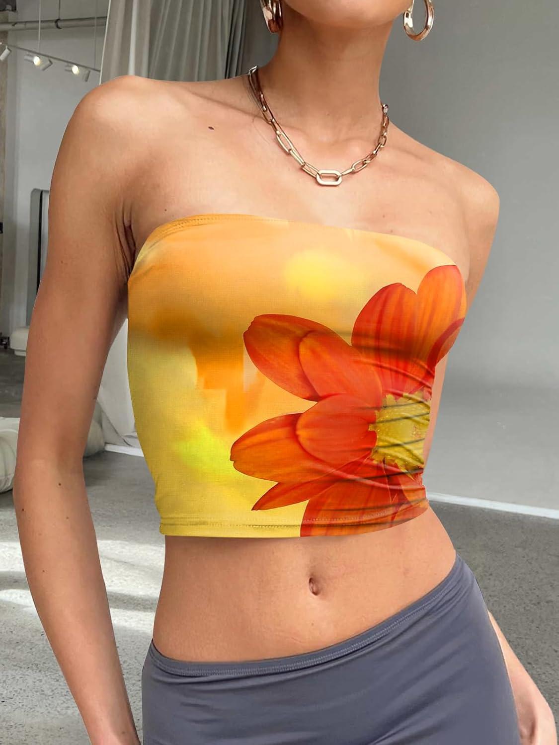 imageTrendy Queen Womens Tube Tops Strapless Crop Tops Basic Backless Sleeveless Bandeau Going Out Cute 2025 Summer OutfitsFloralorange