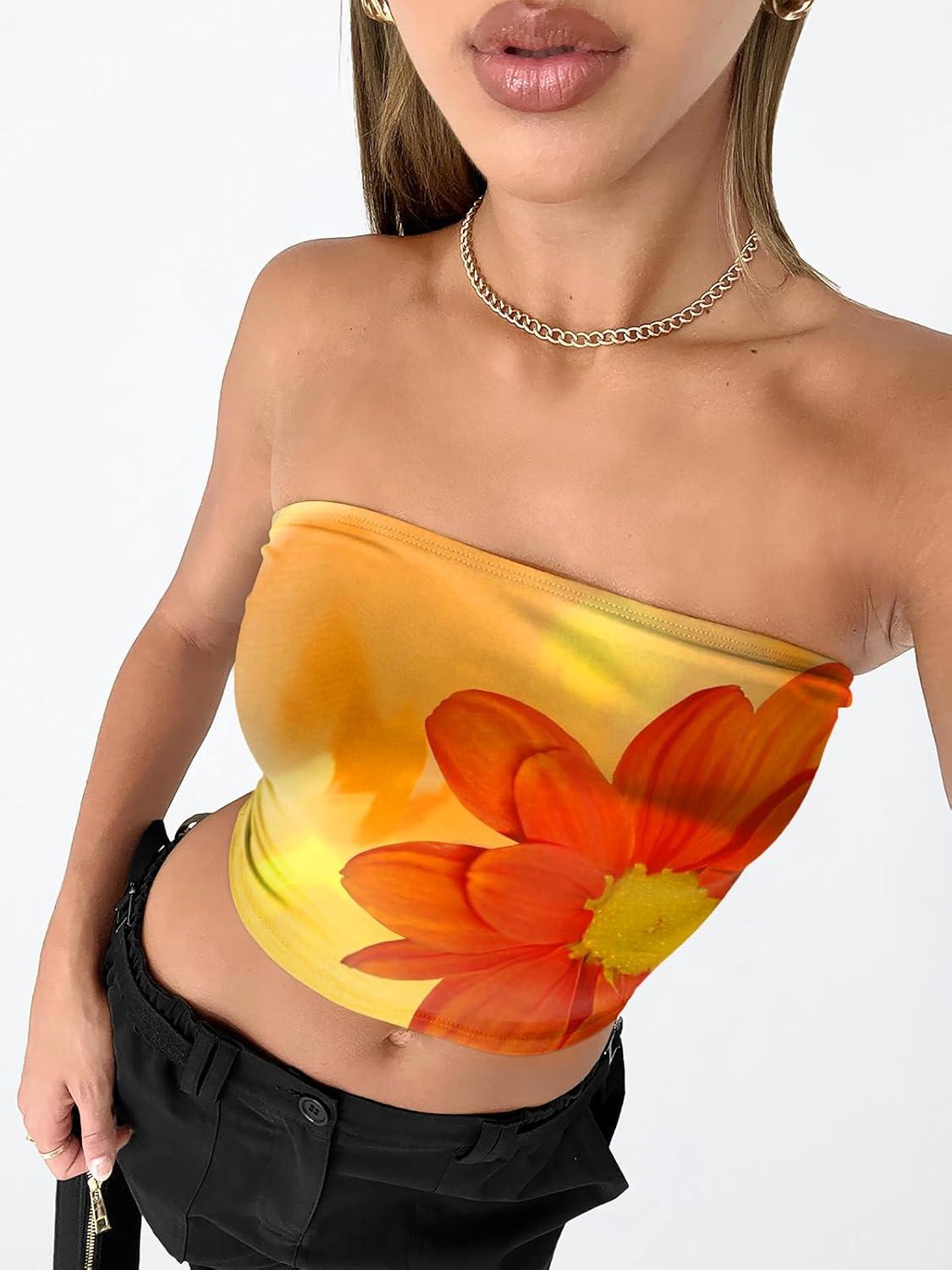 imageTrendy Queen Womens Tube Tops Strapless Crop Tops Basic Backless Sleeveless Bandeau Going Out Cute 2025 Summer OutfitsFloralorange