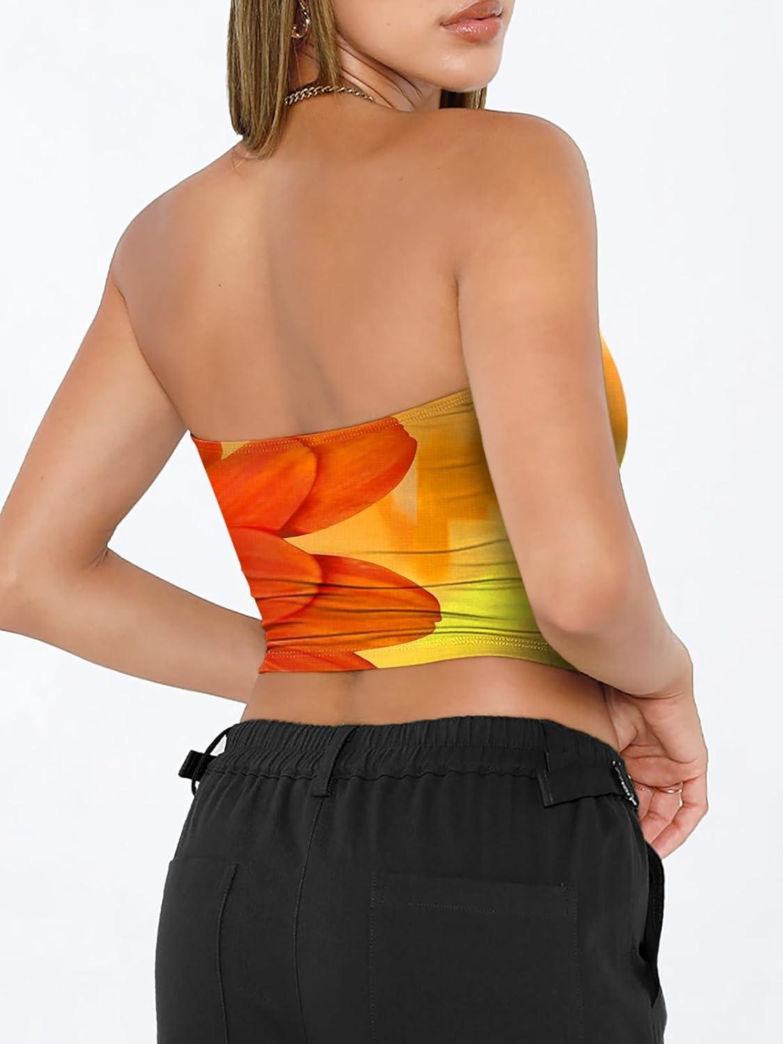 imageTrendy Queen Womens Tube Tops Strapless Crop Tops Basic Backless Sleeveless Bandeau Going Out Cute 2025 Summer OutfitsFloralorange