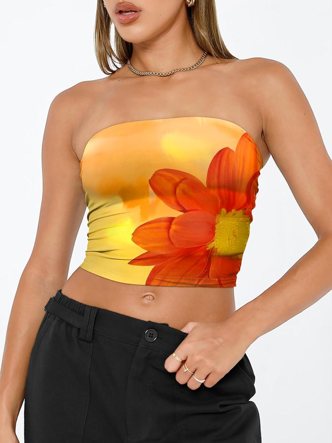 imageTrendy Queen Womens Tube Tops Strapless Crop Tops Basic Backless Sleeveless Bandeau Going Out Cute 2025 Summer OutfitsFloralorange