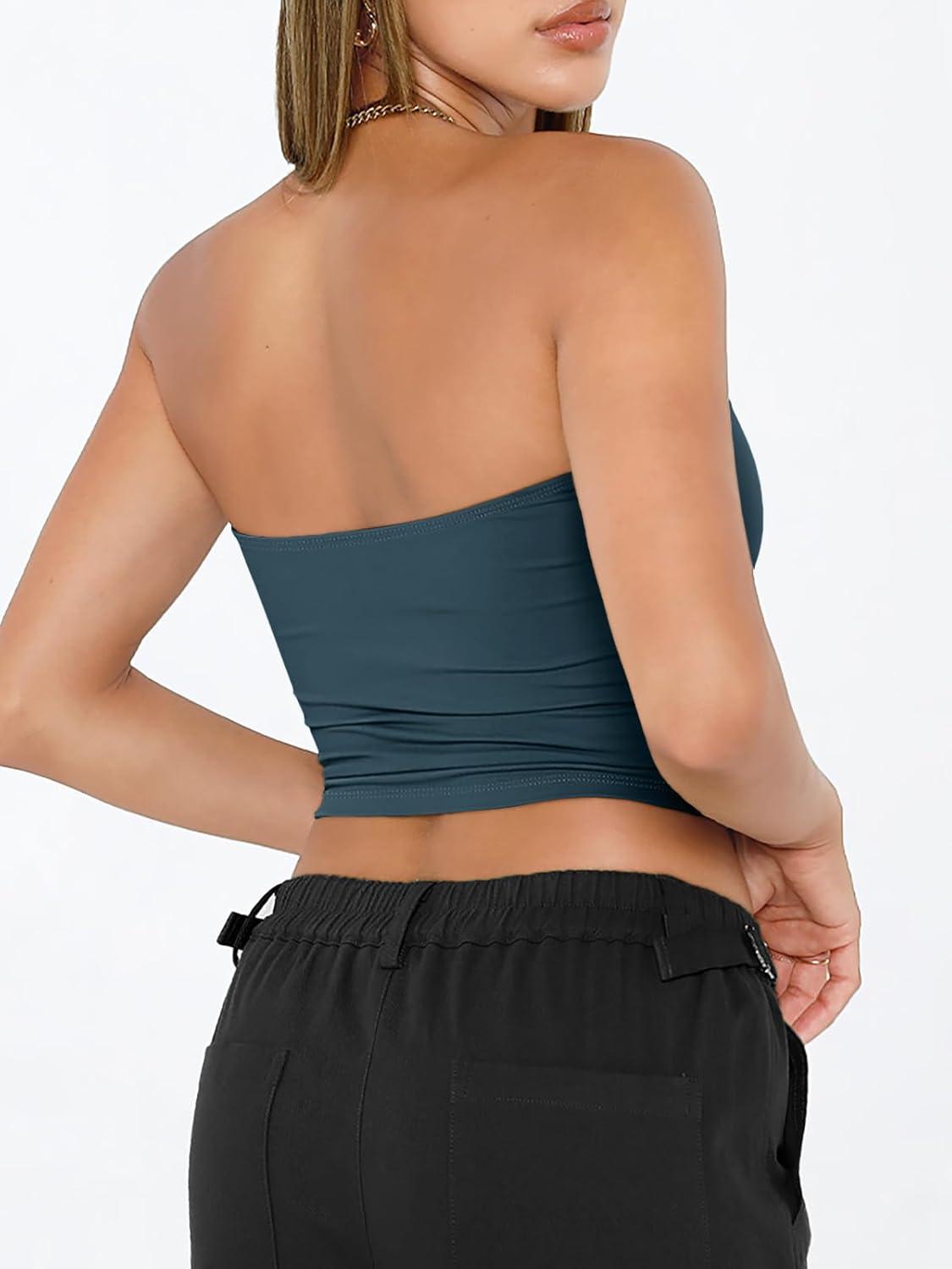 imageTrendy Queen Womens Tube Tops Strapless Crop Tops Basic Backless Sleeveless Bandeau Going Out Cute 2025 Summer OutfitsHaze Blue