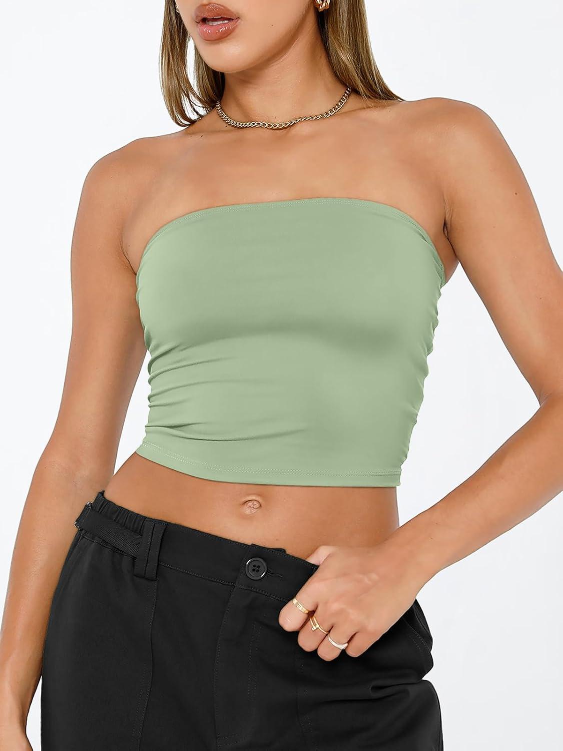 imageTrendy Queen Womens Tube Tops Strapless Crop Tops Basic Backless Sleeveless Bandeau Going Out Cute 2025 Summer OutfitsLight Green