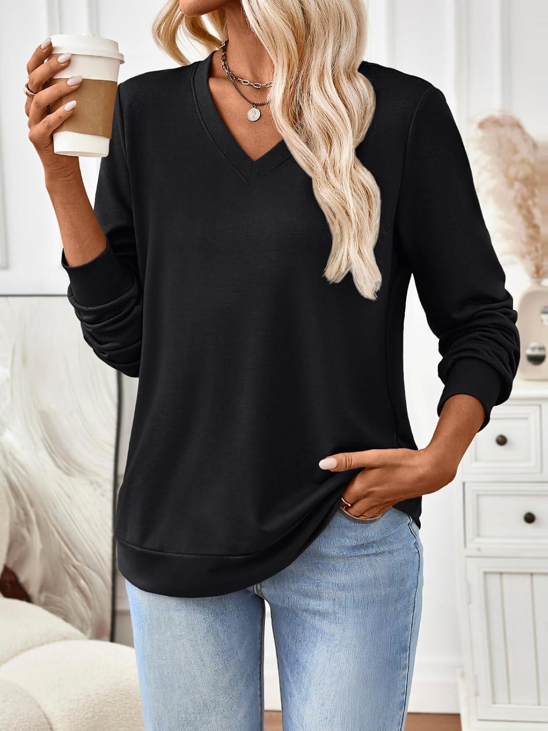 imageTrendy Queen Womens V Neck Long Sleeve Shirts Lightweight Thermal Pullover Tops Soft Cozy Fall Winter Casual Outfit 2025Black
