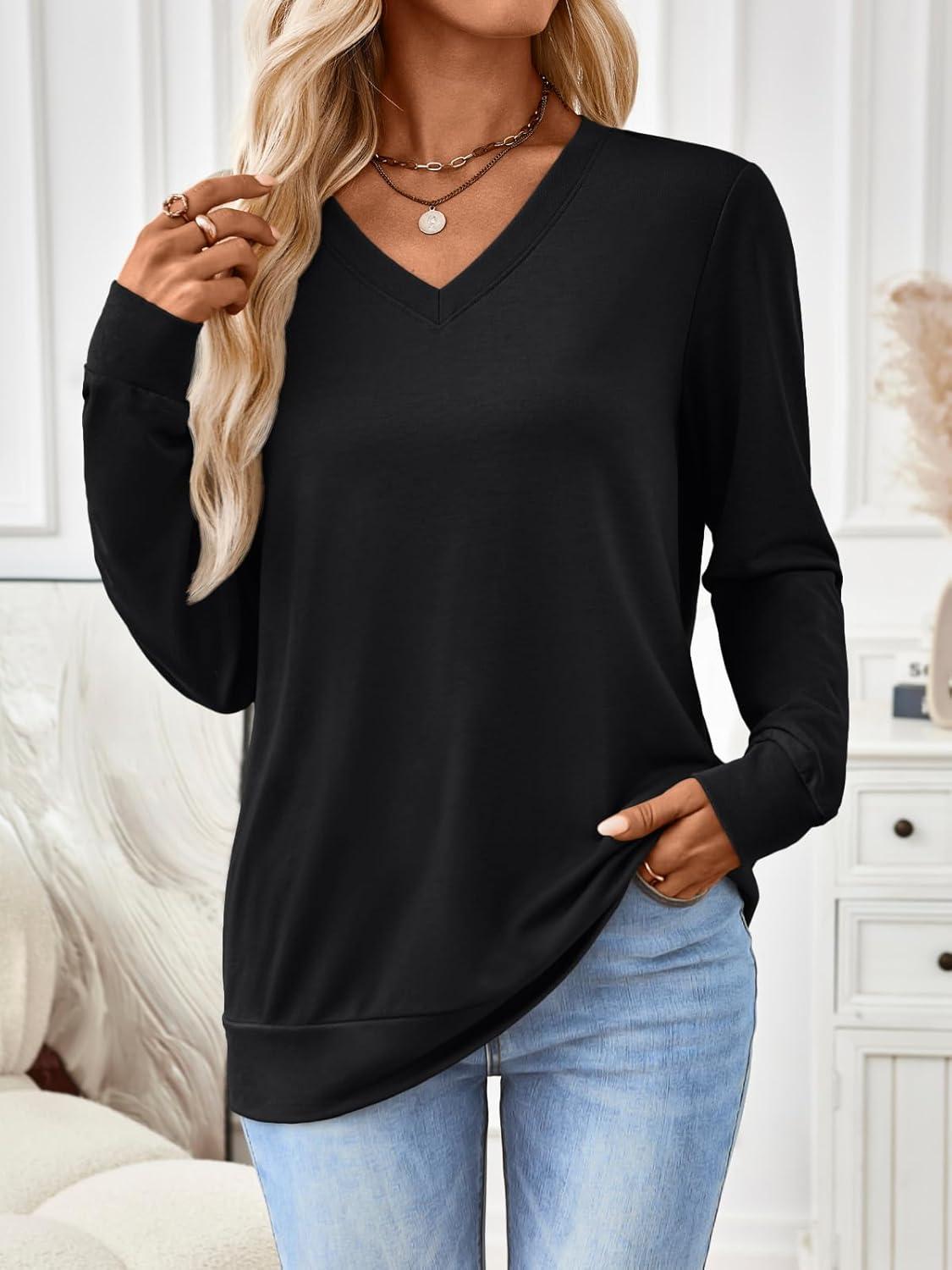 imageTrendy Queen Womens V Neck Long Sleeve Shirts Lightweight Thermal Pullover Tops Soft Cozy Fall Winter Casual Outfit 2025Black