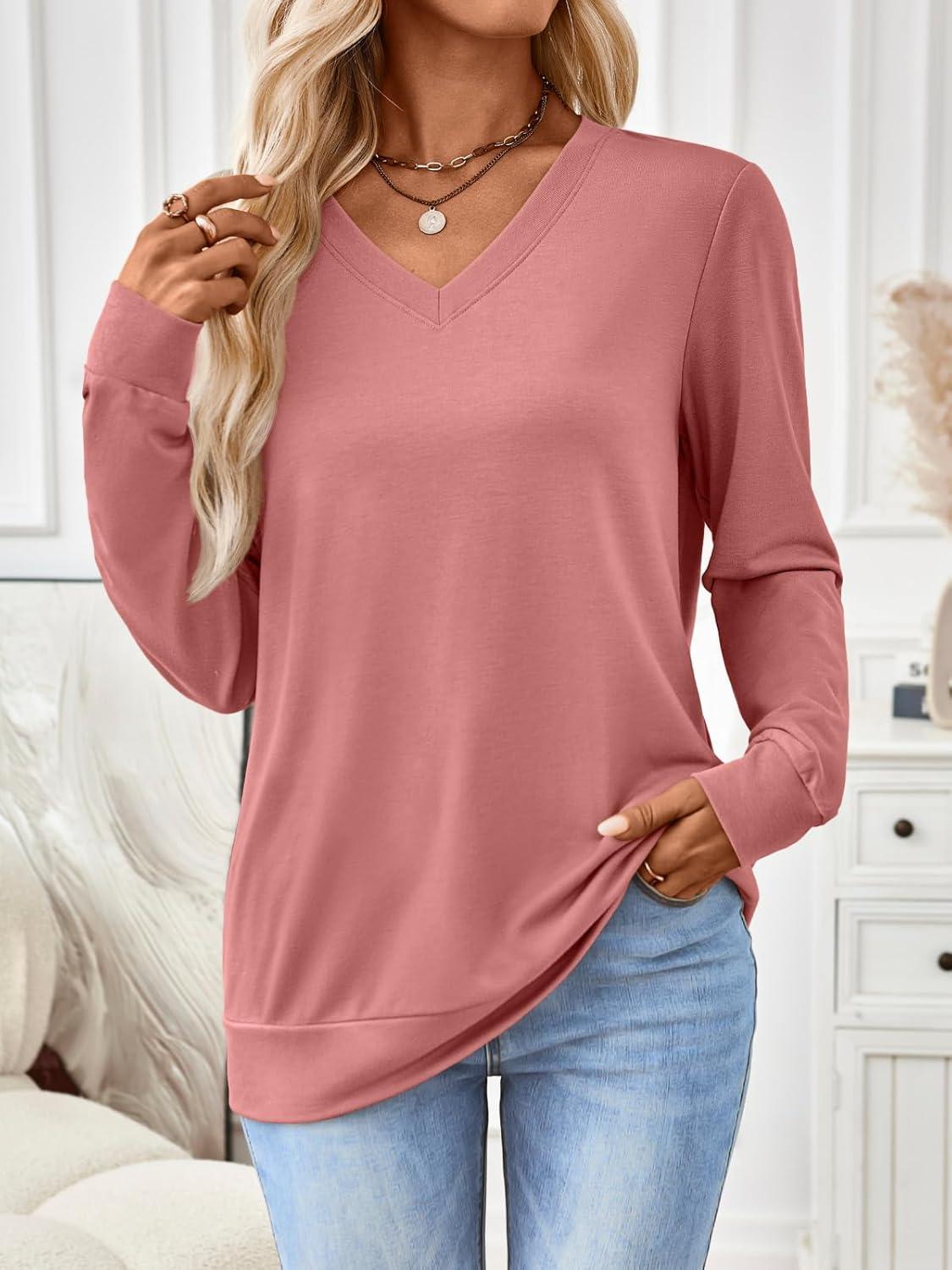 imageTrendy Queen Womens V Neck Long Sleeve Shirts Lightweight Thermal Pullover Tops Soft Cozy Fall Winter Casual Outfit 2025Coral
