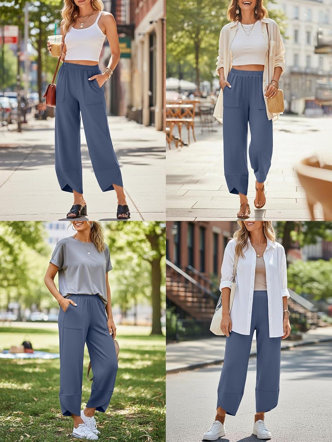 imageTrendy Queen Womens Wide Leg Pants Boho Summer Capri Palazzo Harem Casual Barrel Sweatpants Baggy Slacks with PocketsGreyblue