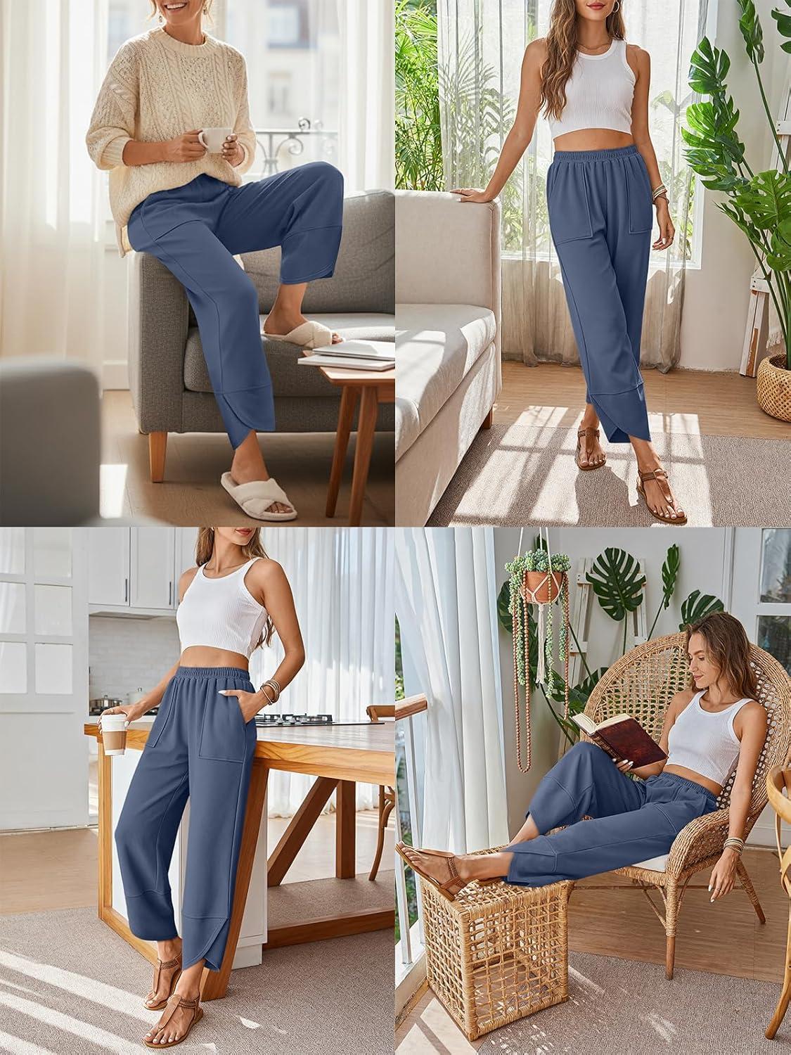 imageTrendy Queen Womens Wide Leg Pants Boho Summer Capri Palazzo Harem Casual Barrel Sweatpants Baggy Slacks with PocketsGreyblue