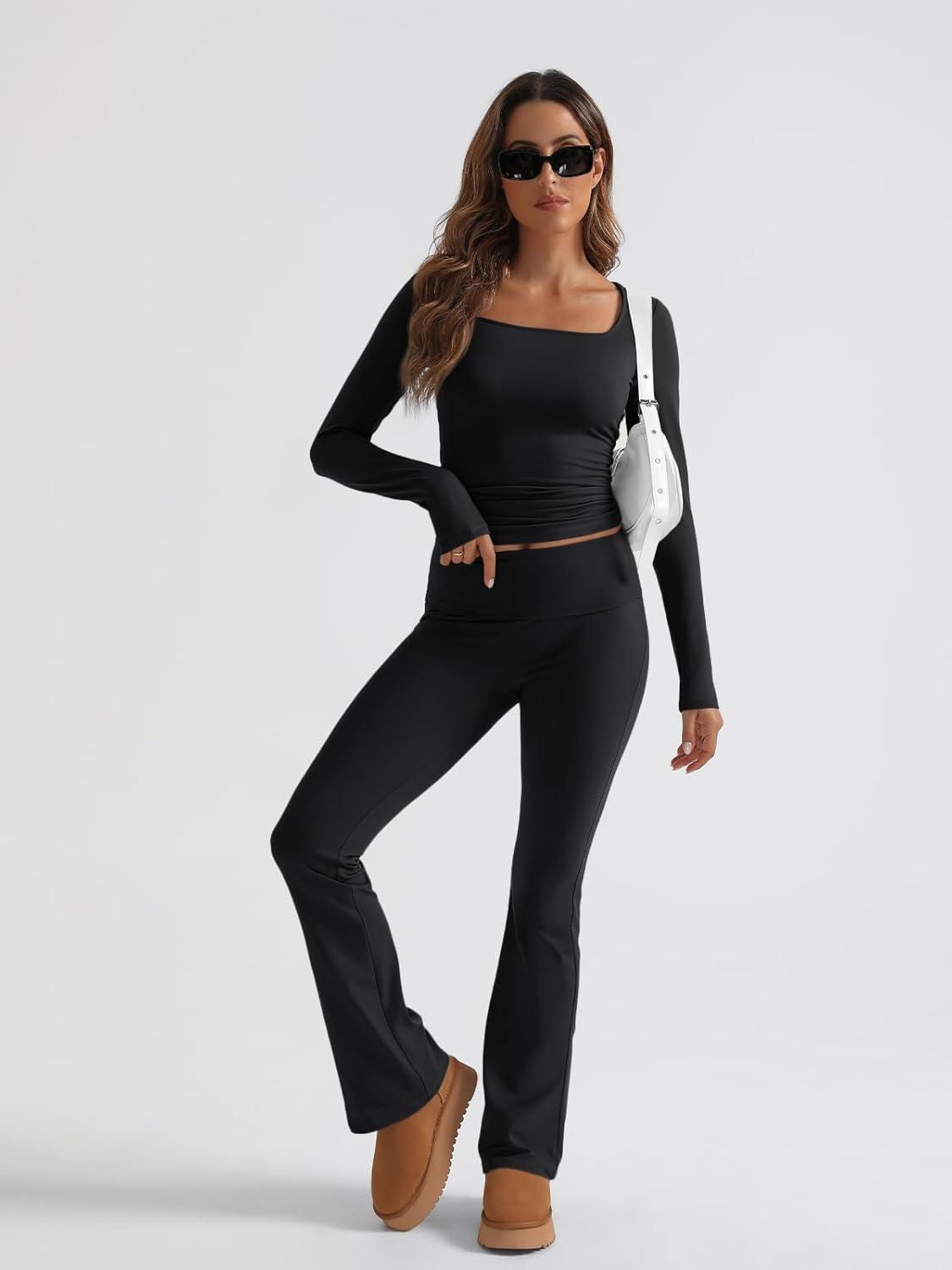 imageTrendy Queen Womens Workout Sets 2 Piece Fall Outfits Square Neck Tops Flare Pants Tracksuits Clothes Winter Fashion 2025Black