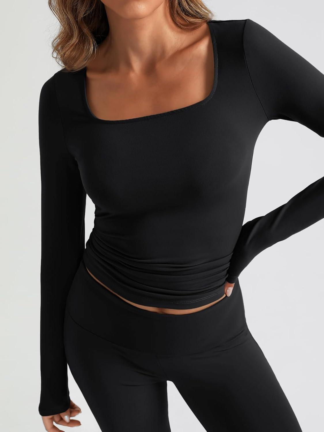 imageTrendy Queen Womens Workout Sets 2 Piece Fall Outfits Square Neck Tops Flare Pants Tracksuits Clothes Winter Fashion 2025Black