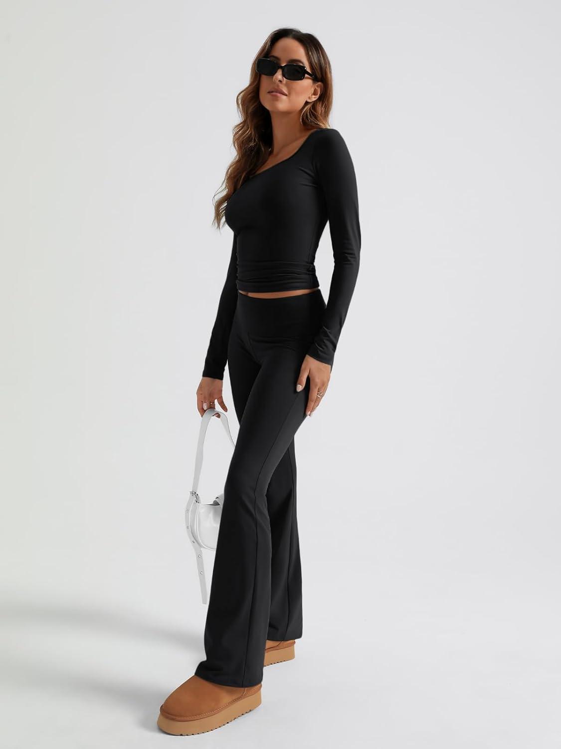 imageTrendy Queen Womens Workout Sets 2 Piece Fall Outfits Square Neck Tops Flare Pants Tracksuits Clothes Winter Fashion 2025Black