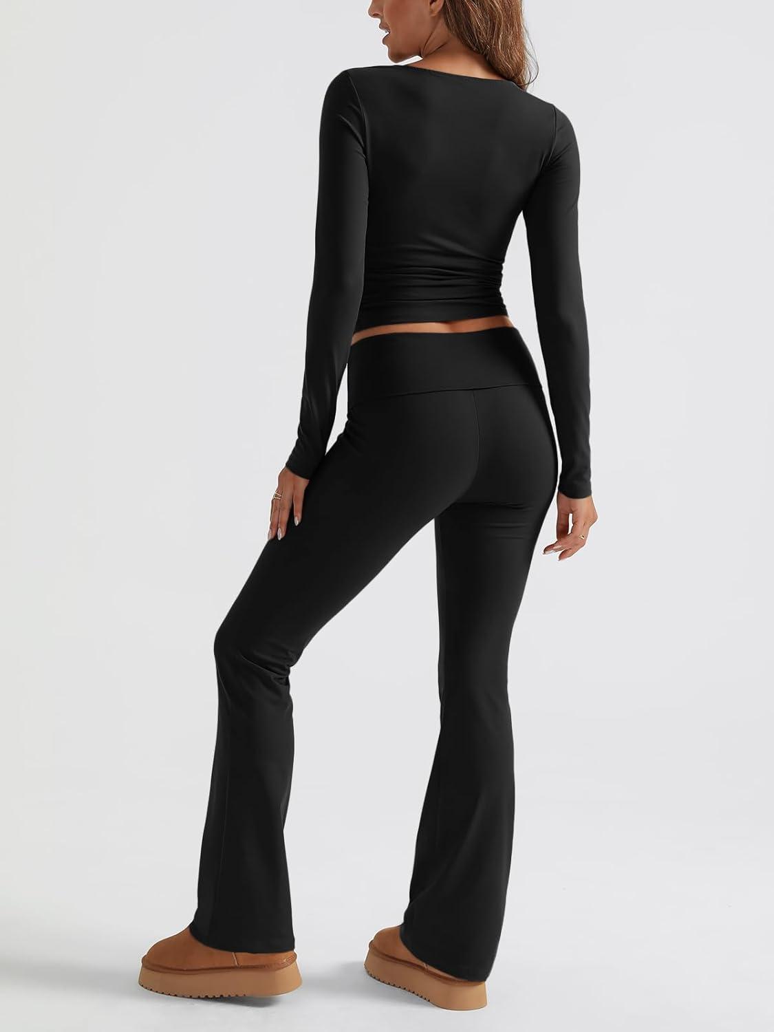 imageTrendy Queen Womens Workout Sets 2 Piece Fall Outfits Square Neck Tops Flare Pants Tracksuits Clothes Winter Fashion 2025Black