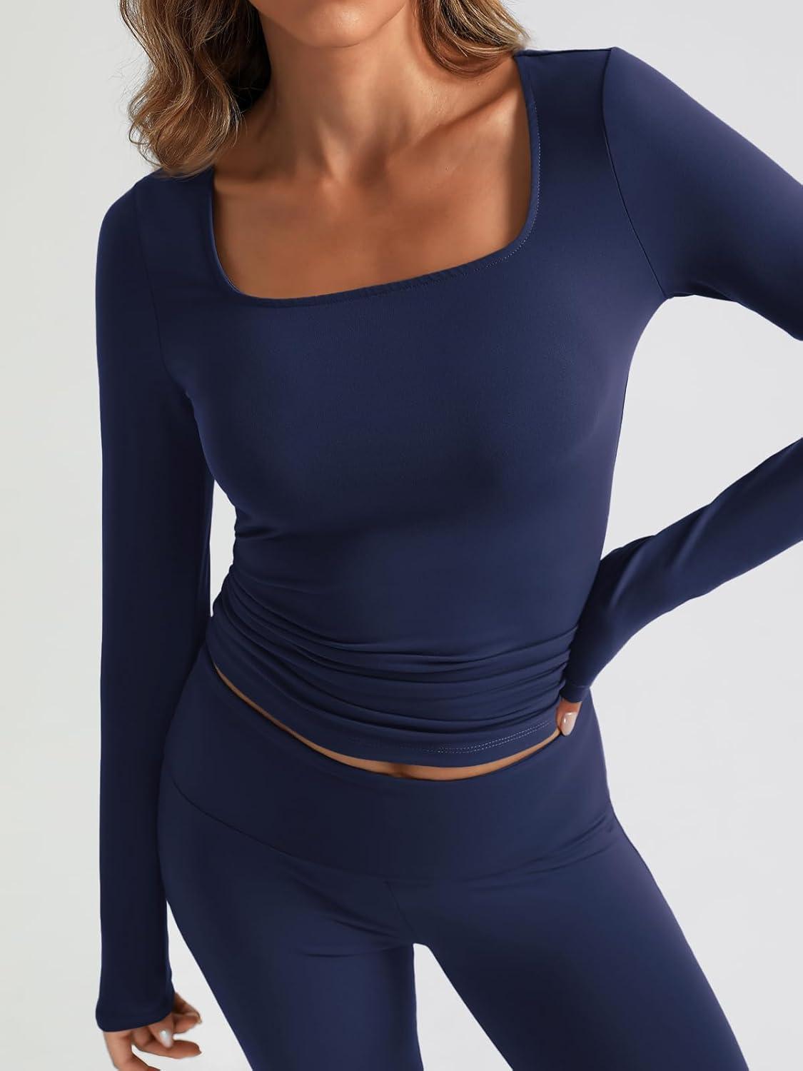 imageTrendy Queen Womens Workout Sets 2 Piece Fall Outfits Square Neck Tops Flare Pants Tracksuits Clothes Winter Fashion 2025Navy