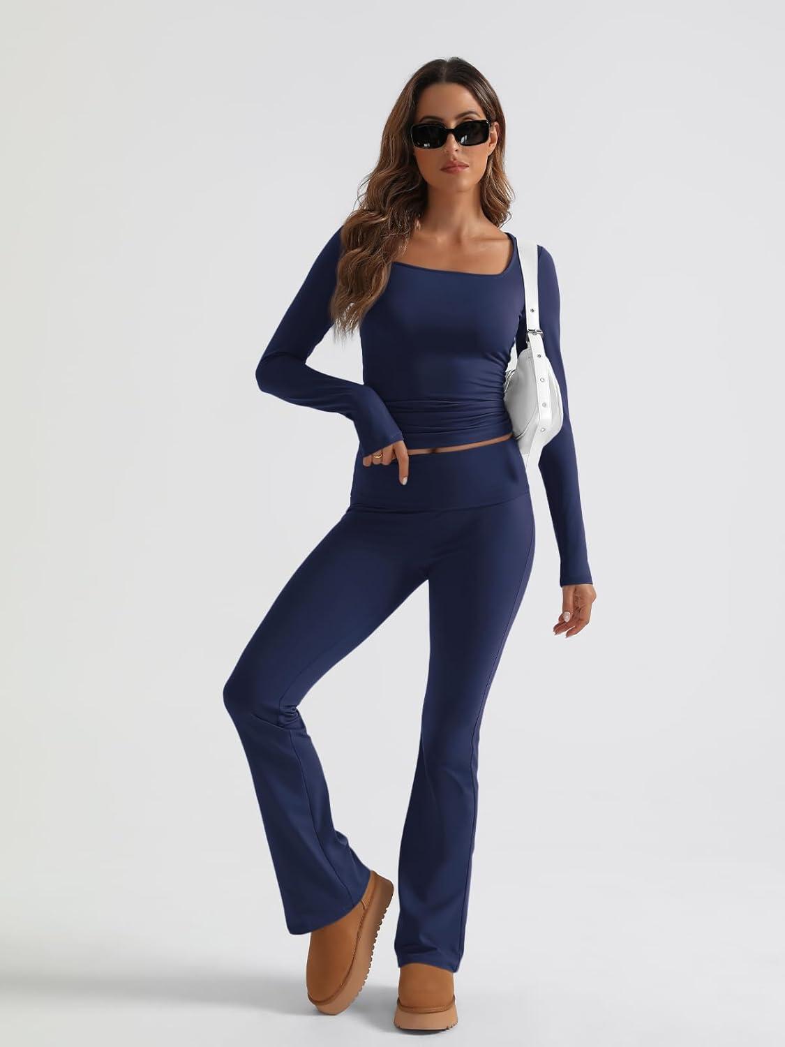 imageTrendy Queen Womens Workout Sets 2 Piece Fall Outfits Square Neck Tops Flare Pants Tracksuits Clothes Winter Fashion 2025Navy