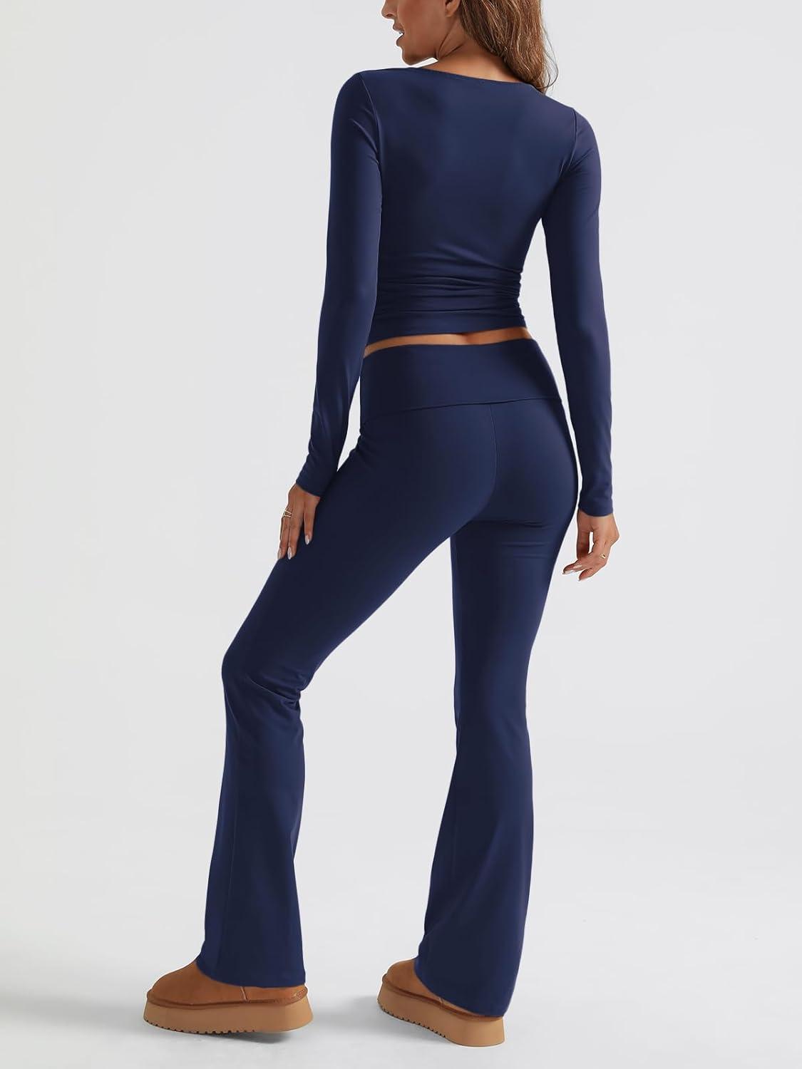 imageTrendy Queen Womens Workout Sets 2 Piece Fall Outfits Square Neck Tops Flare Pants Tracksuits Clothes Winter Fashion 2025Navy