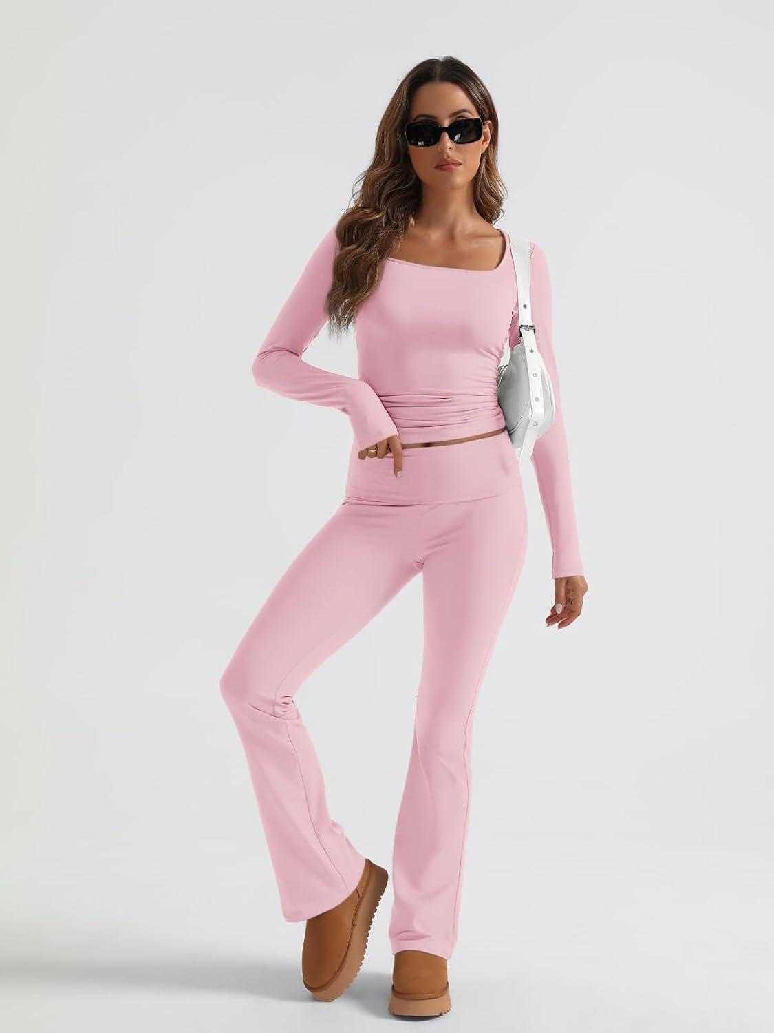 imageTrendy Queen Womens Workout Sets 2 Piece Fall Outfits Square Neck Tops Flare Pants Tracksuits Clothes Winter Fashion 2025Pink