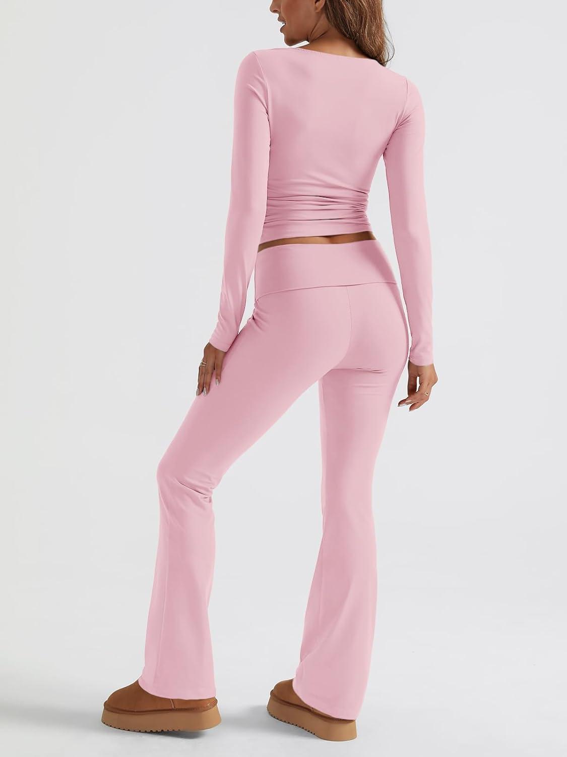 imageTrendy Queen Womens Workout Sets 2 Piece Fall Outfits Square Neck Tops Flare Pants Tracksuits Clothes Winter Fashion 2025Pink